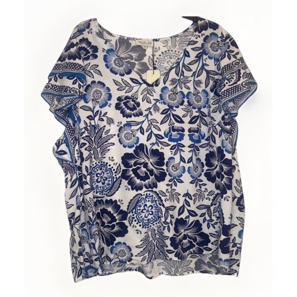 Rachel Zoe Tops - Rachel Zoe Women’s Blue Floral Flutter Sleeve V Neck Blouse Top Size 2X NEW